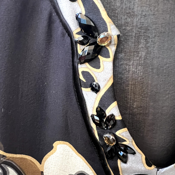 HALE BOB Silk Blouse Sheer Black Abstract Foral Long Sleeve V Neck Jeweled Small - Picture 7 of 9